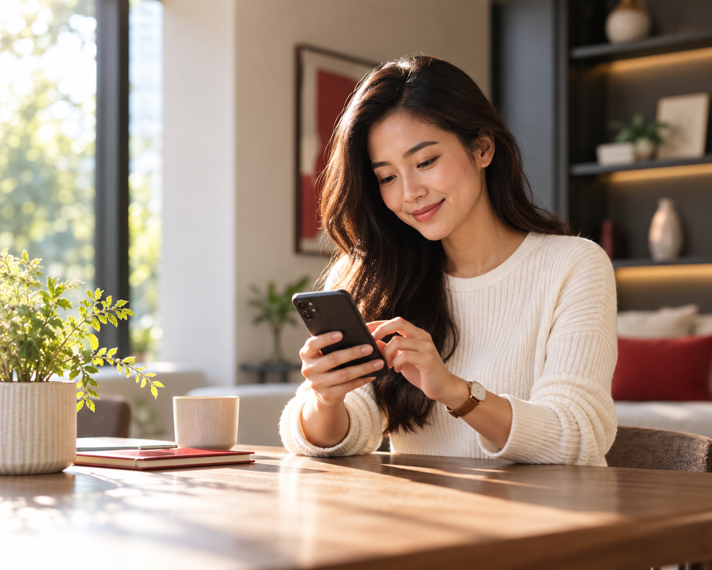 Customer using her phone in a bright home